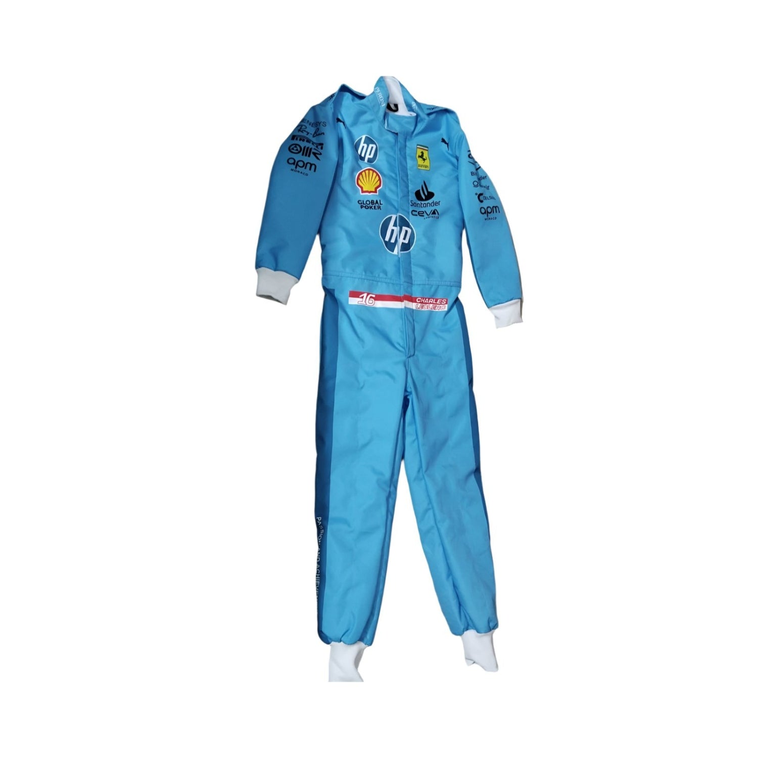 Front view of Charles Leclerc's 2024 Miami GP F1 racing suit in blue with yellow accents, showcasing a modern design with sponsor logos.