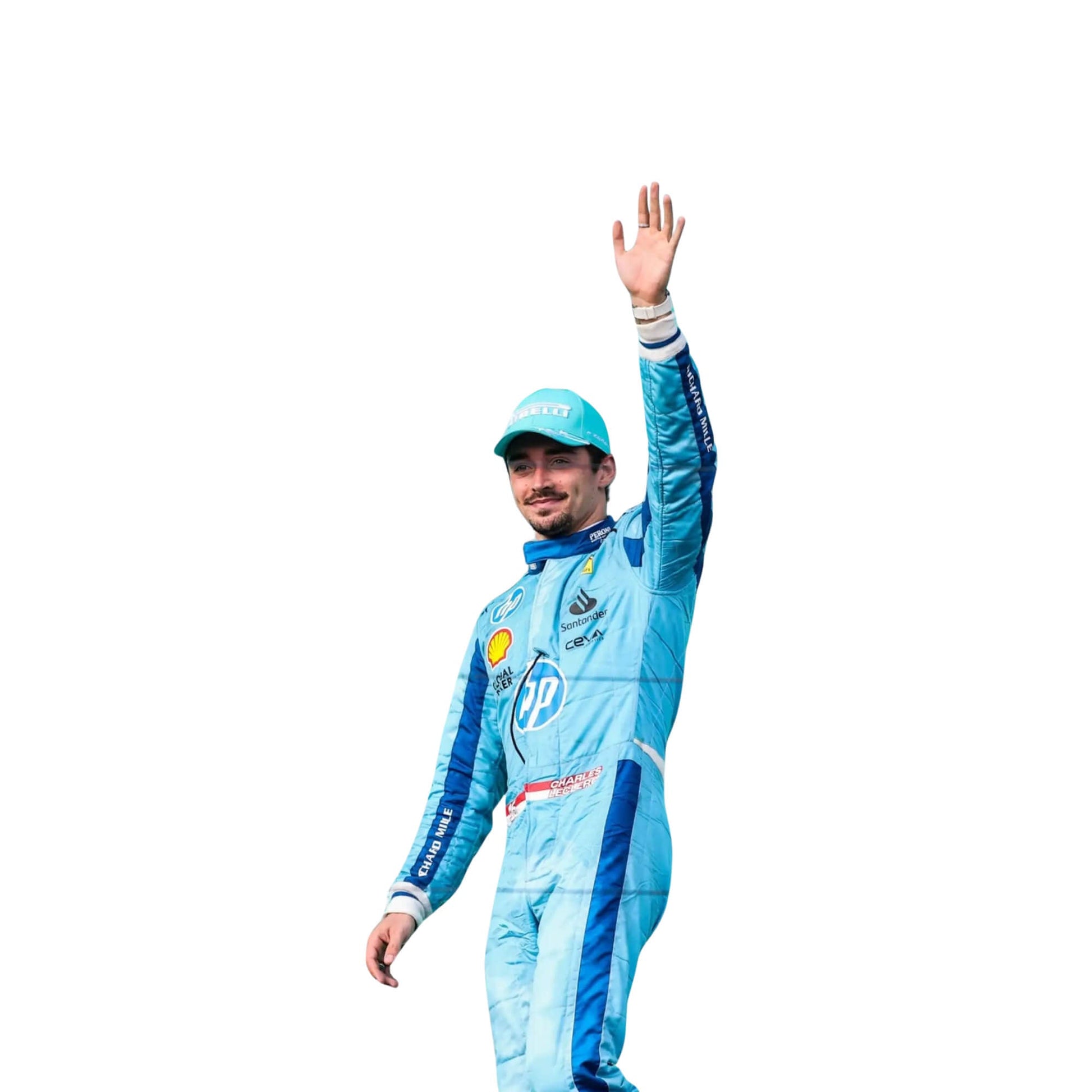 Close-up of Charles Leclerc's 2024 Miami GP race suit, displaying the intricate blue material with yellow stitching and sponsor logos.