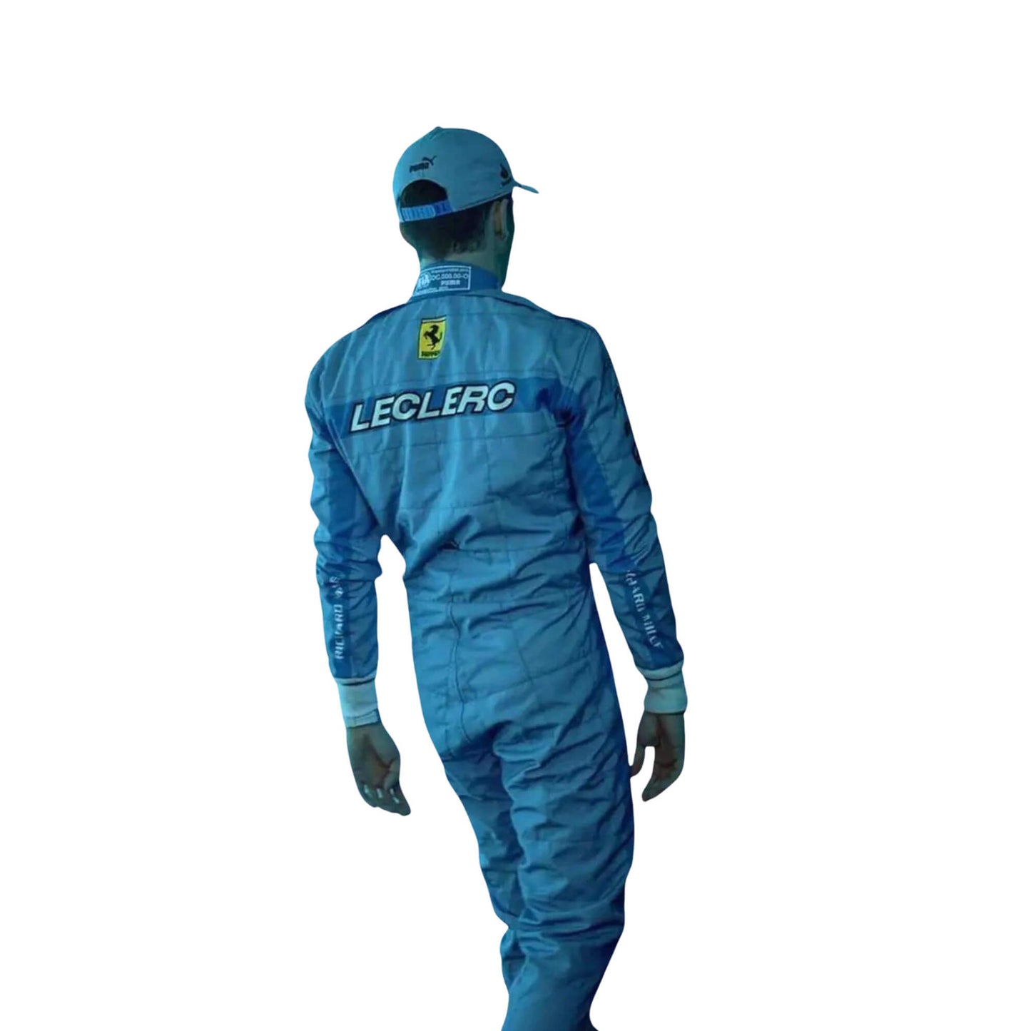 Rear view of Charles Leclerc's 2024 Miami GP race suit, featuring a blue base with yellow detailing along with prominent sponsor logos.