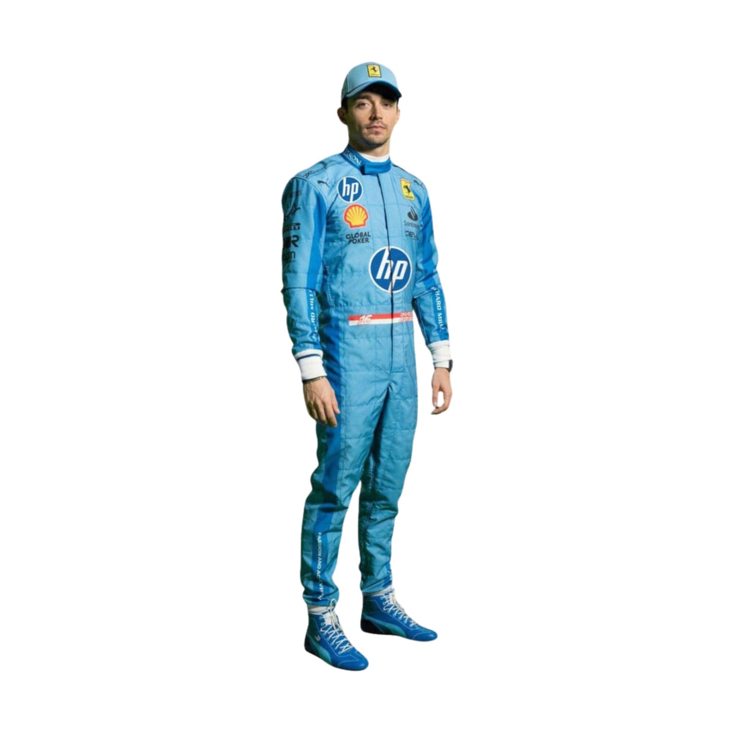 Full-body image of Charles Leclerc's 2024 Miami GP racing suit, designed in blue with yellow accents for a high-performance look.
