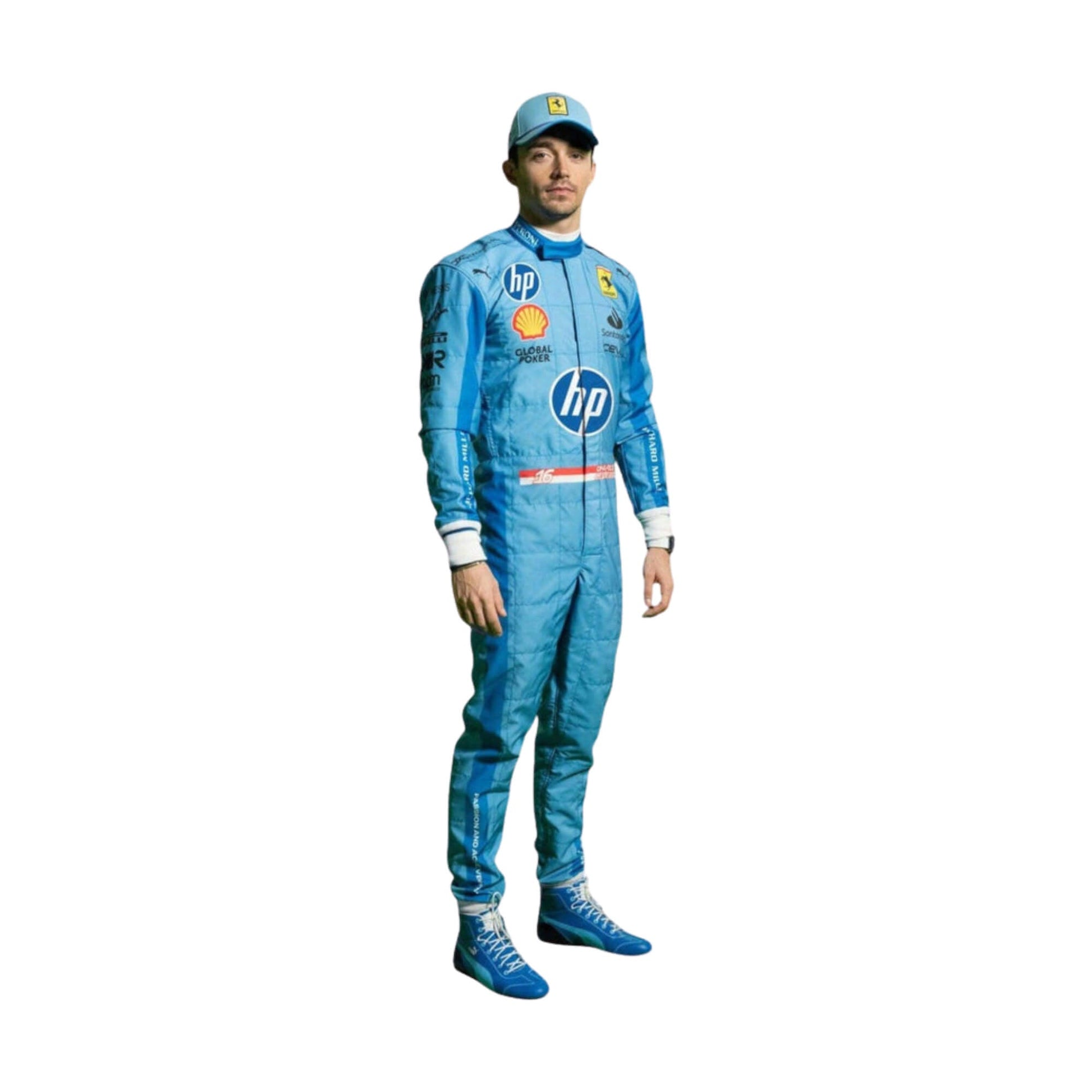 Full-body image of Charles Leclerc's 2024 Miami GP racing suit, designed in blue with yellow accents for a high-performance look.