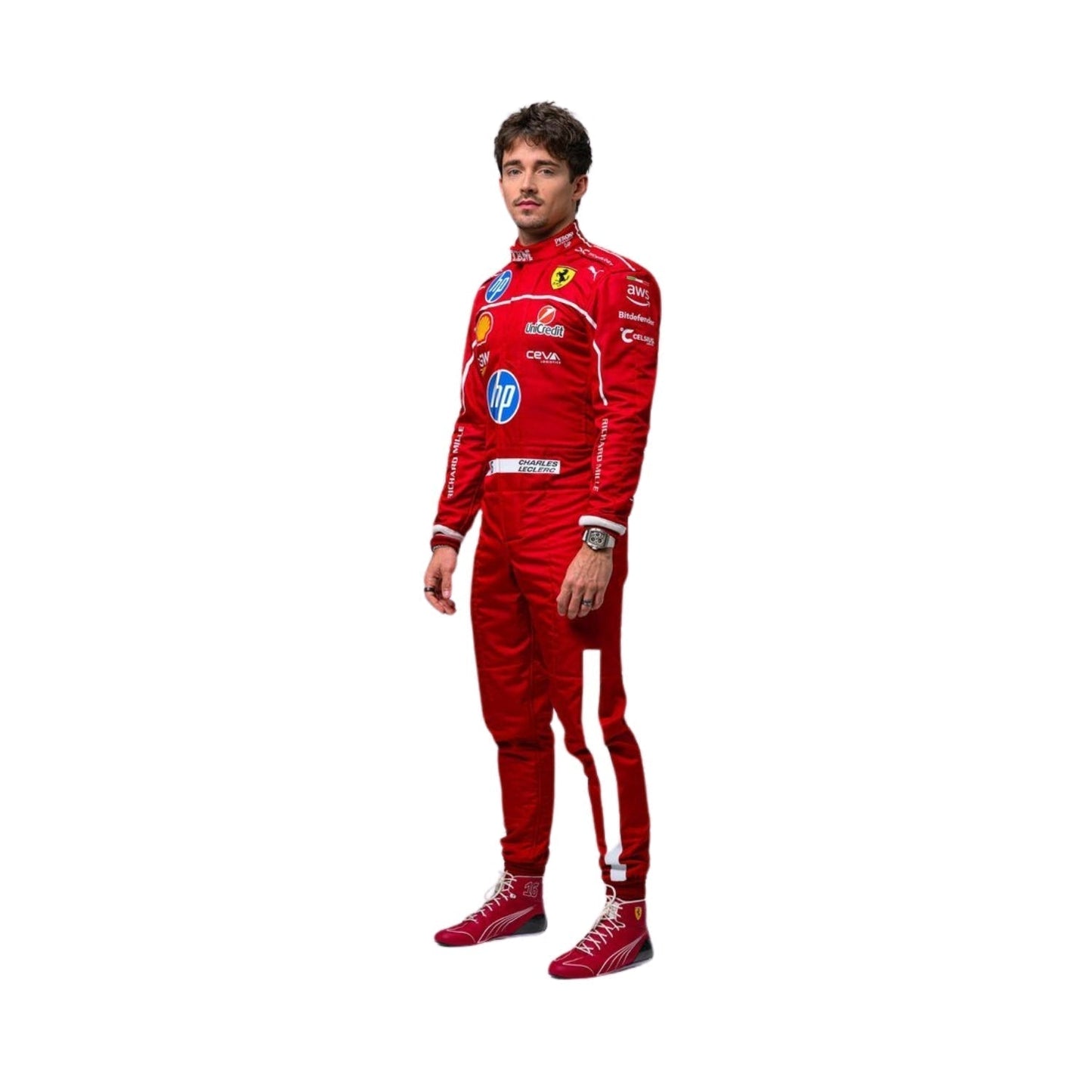 Left Side profile of the 2025 Charles Leclerc  F1 costume, showing curved sleeve patterns, ergonomic panel stitching, and side sponsor detailing.