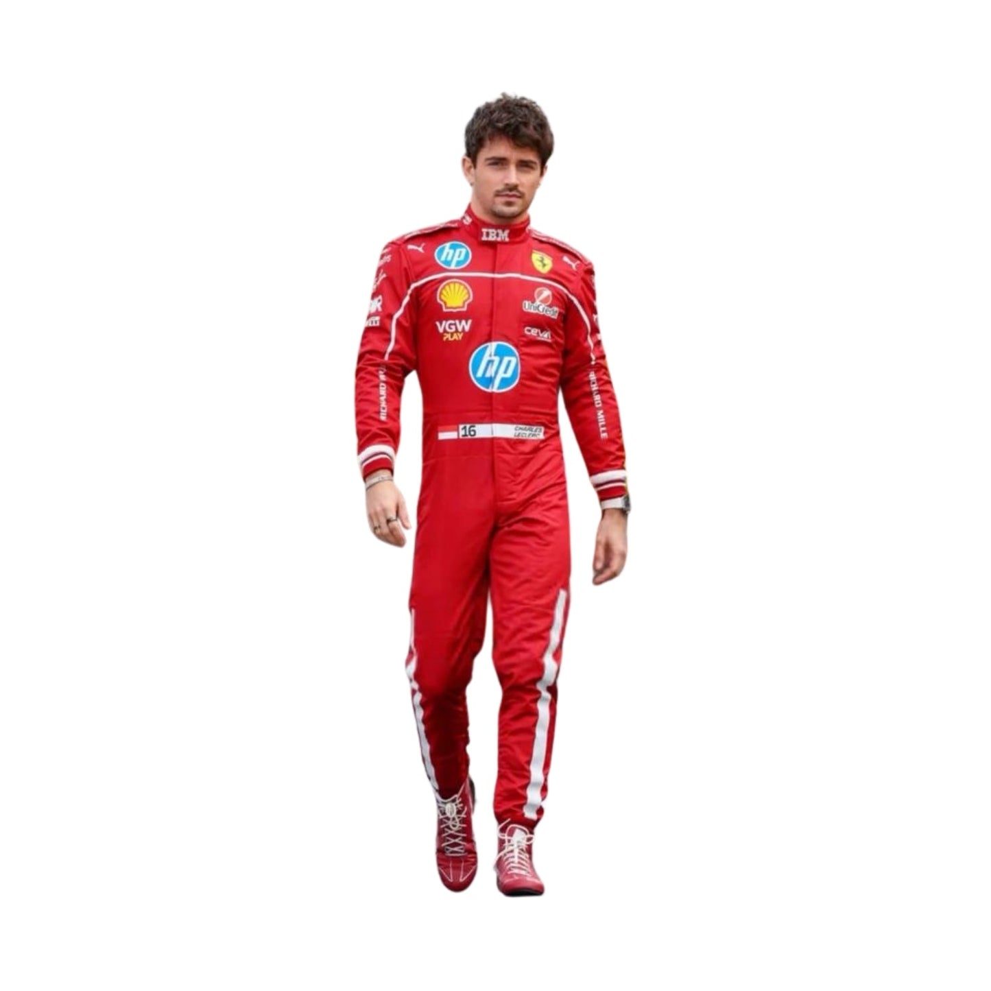 2025 F1 racing costume front view worn by Charles Leclerc featuring aerodynamic design, sponsor patches, and sharp contrast panels in red, black, and silver.