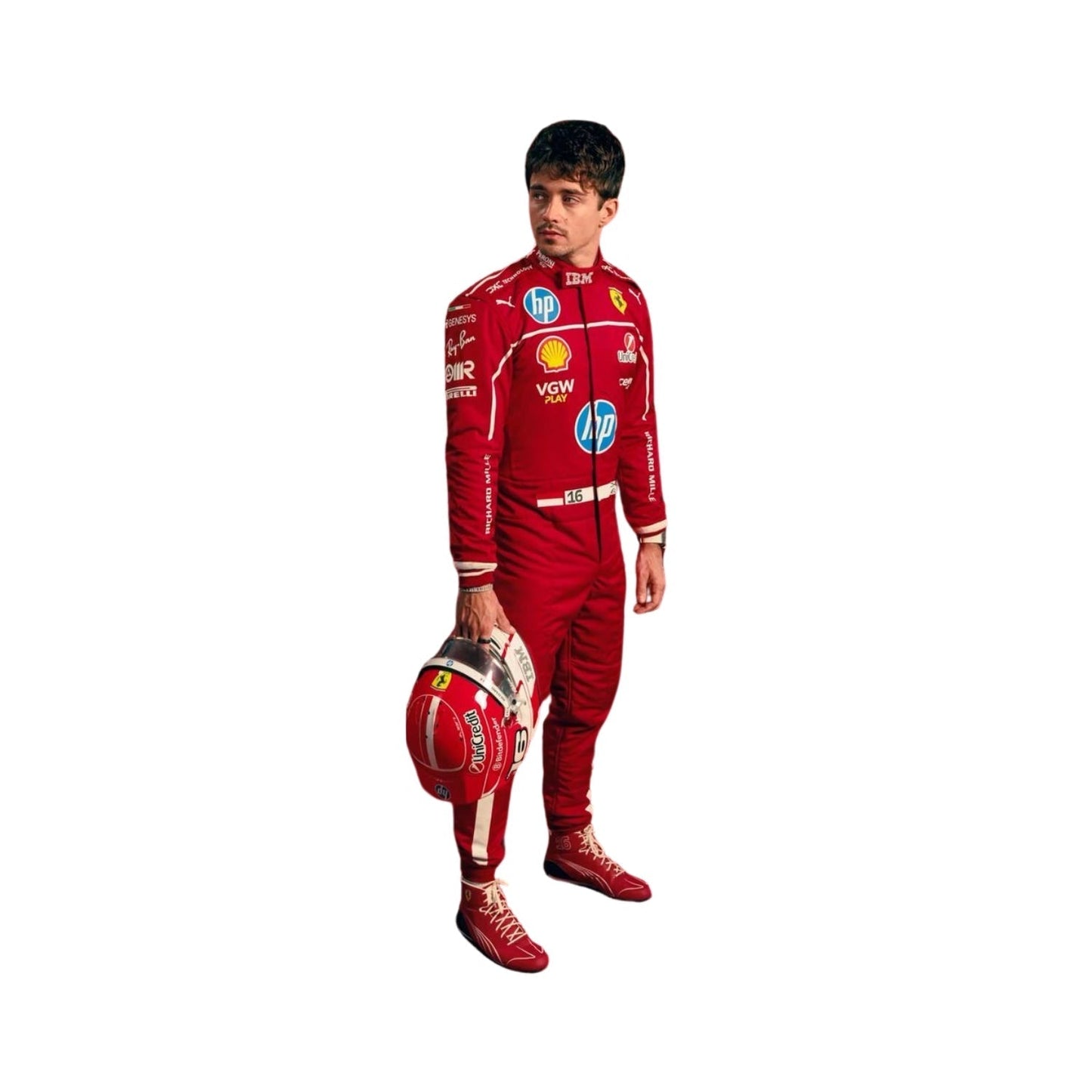 Charles Leclerc preparing to re-enter the race in his 2025 F1 racing suit, ready for action with vibrant red and black tones.

