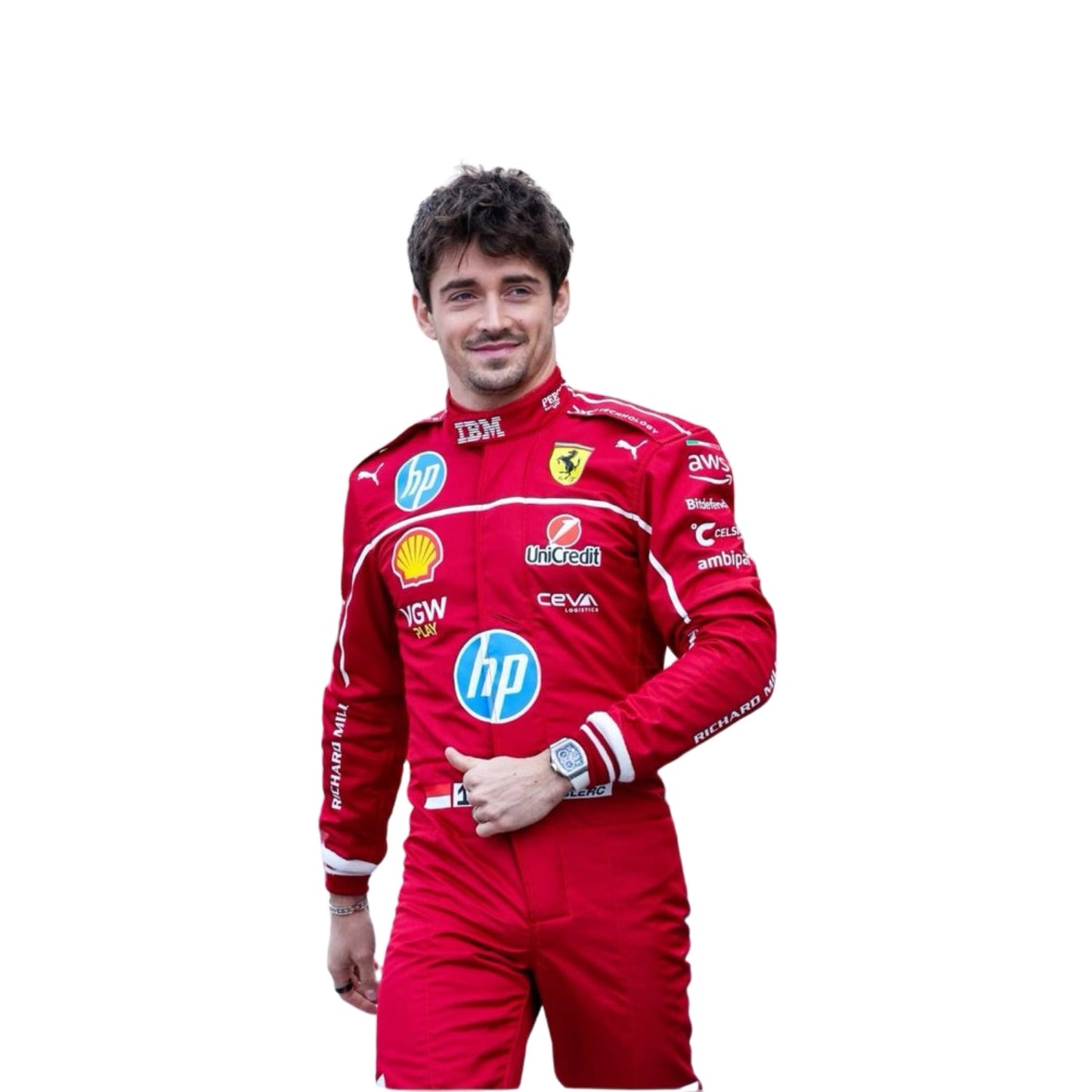 Charles Leclerc smiling proudly in his 2025 F1 racing suit, with bold Ferrari red and black color scheme.

