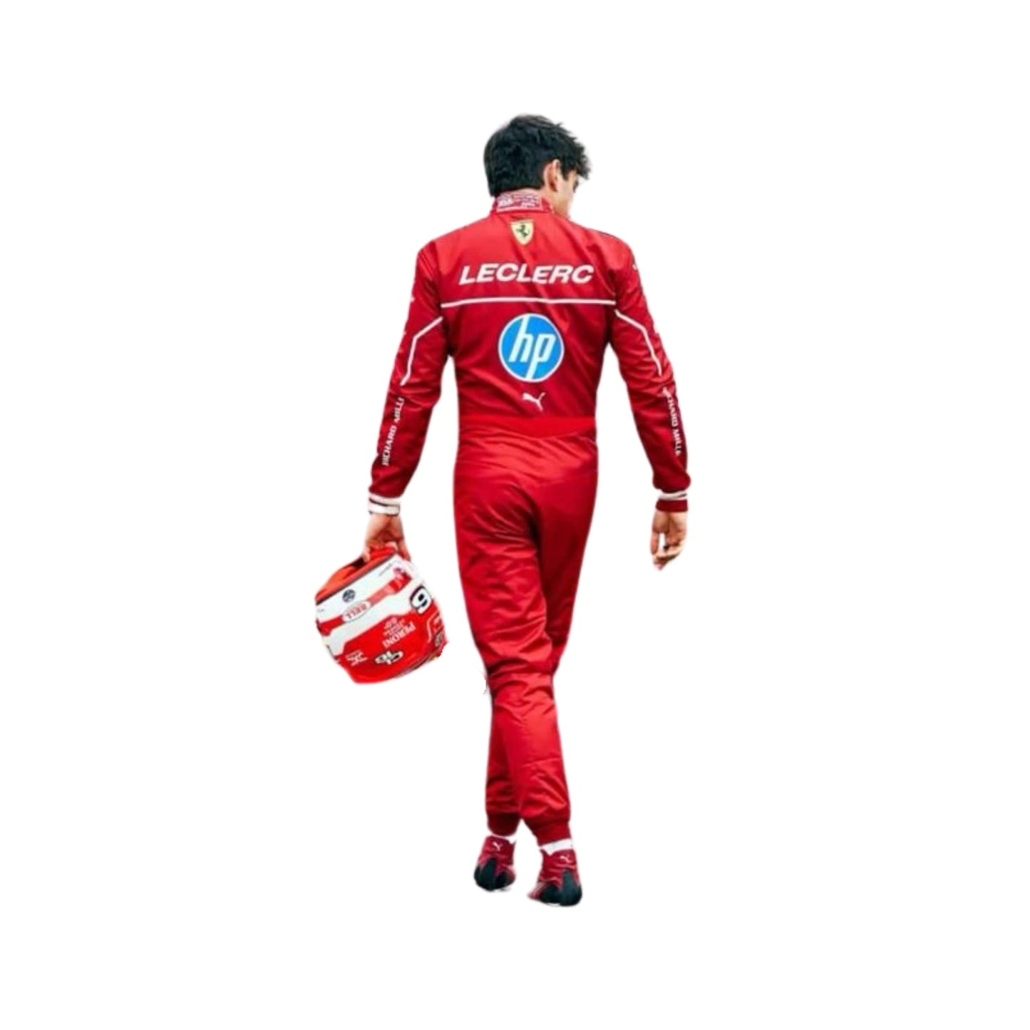Rear view of 2025 F1 race suit worn by Leclerc with fitted cut, driver branding, and team insignia placed above the aerodynamic spine panel.