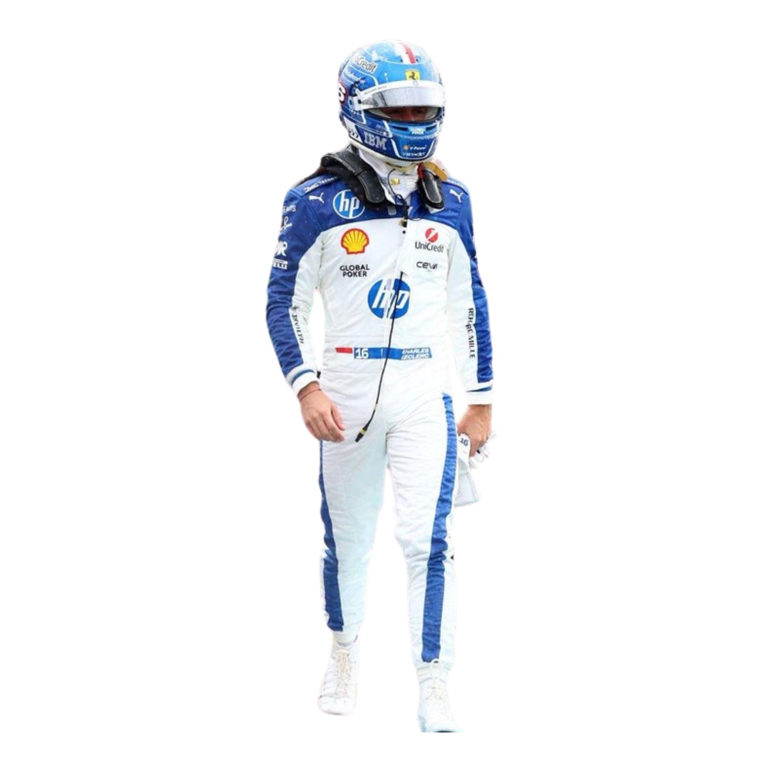 Front view of the 2025 F1 racing suits worn by Charles Leclerc at the Miami GP, showcasing sleek aerodynamic design with tropical-inspired detailing and precision sponsor placement.