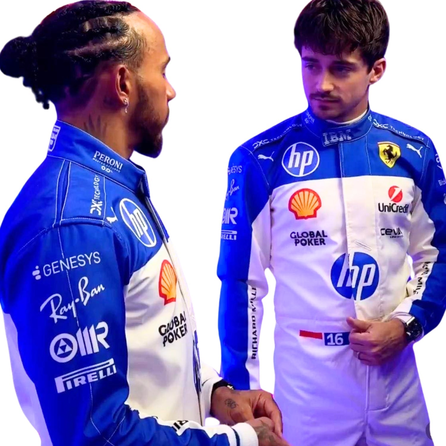 Detailed close-up of the Miami GP 2025 racing suit materials, including high-contrast stitching, driver name embroidery, and premium patches tailored for Leclerc and Hamilton.
