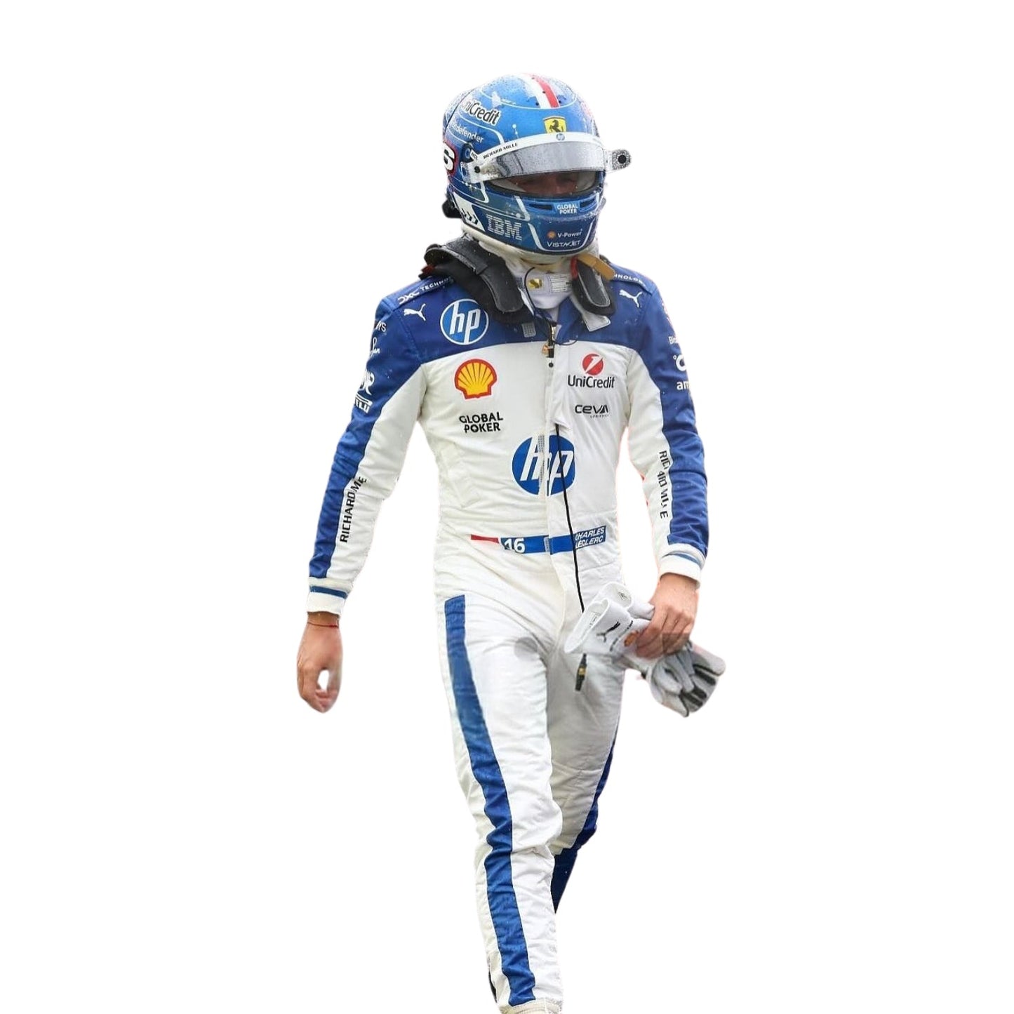 Front view of the 2025 F1 racing suits worn by Charles Leclerc at the Miami GP, showcasing sleek aerodynamic design with tropical-inspired detailing and precision sponsor placement.