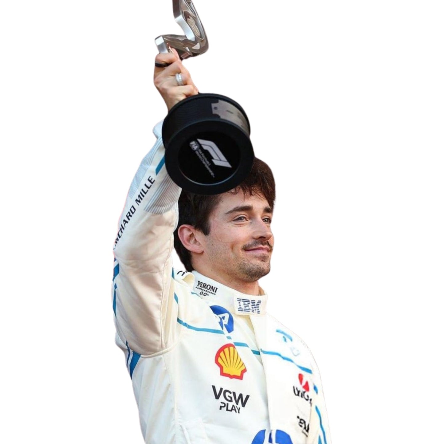 Detailed close-up of the Monaco GP 2025 racing suit showing Charles Leclerc's holding Trophy, precision-stitched logos, and white and blue detail design.