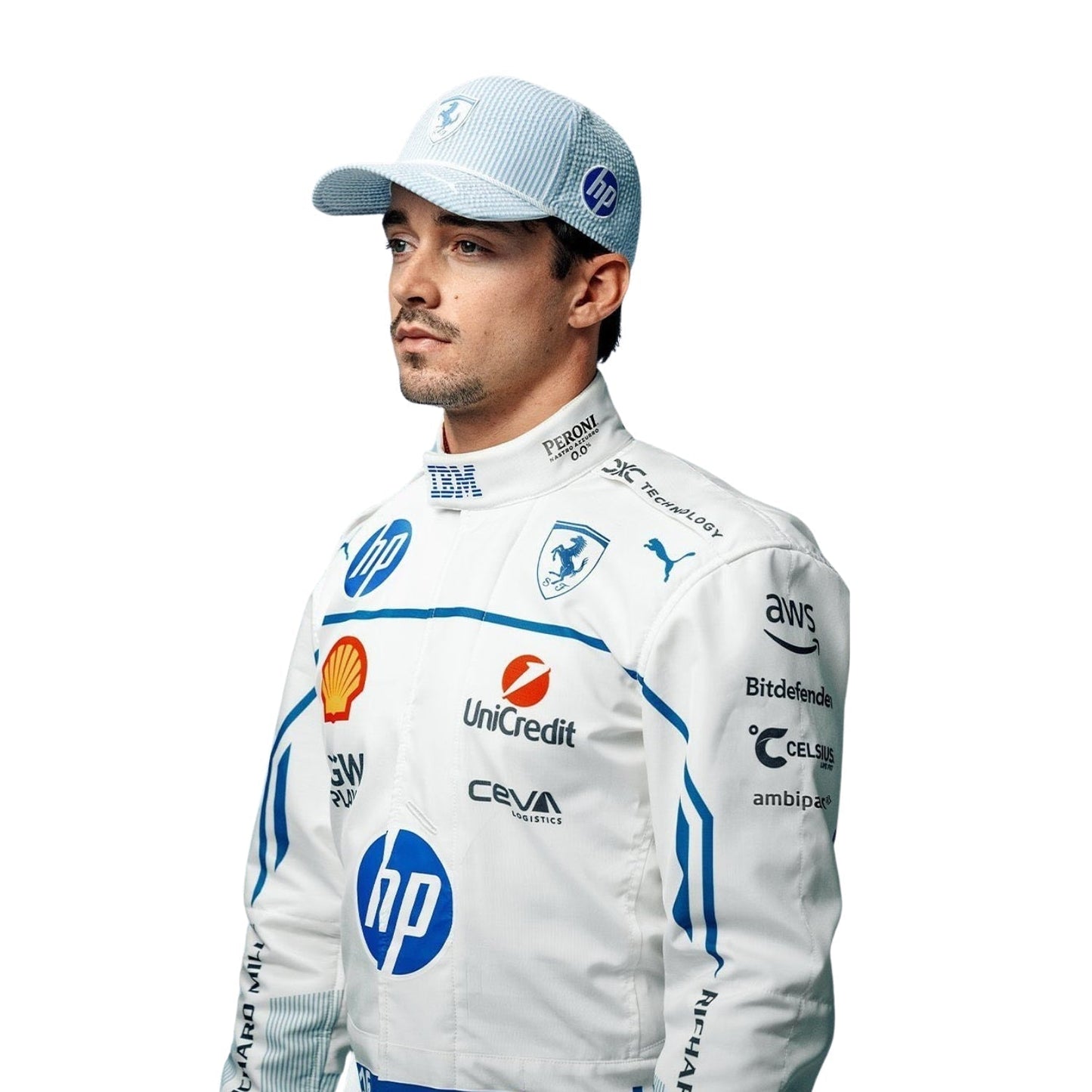 Detailed close-up of the Monaco GP 2025 racing suit showing Charles Leclerc's name, precision-stitched logos, and white and blue detail design.