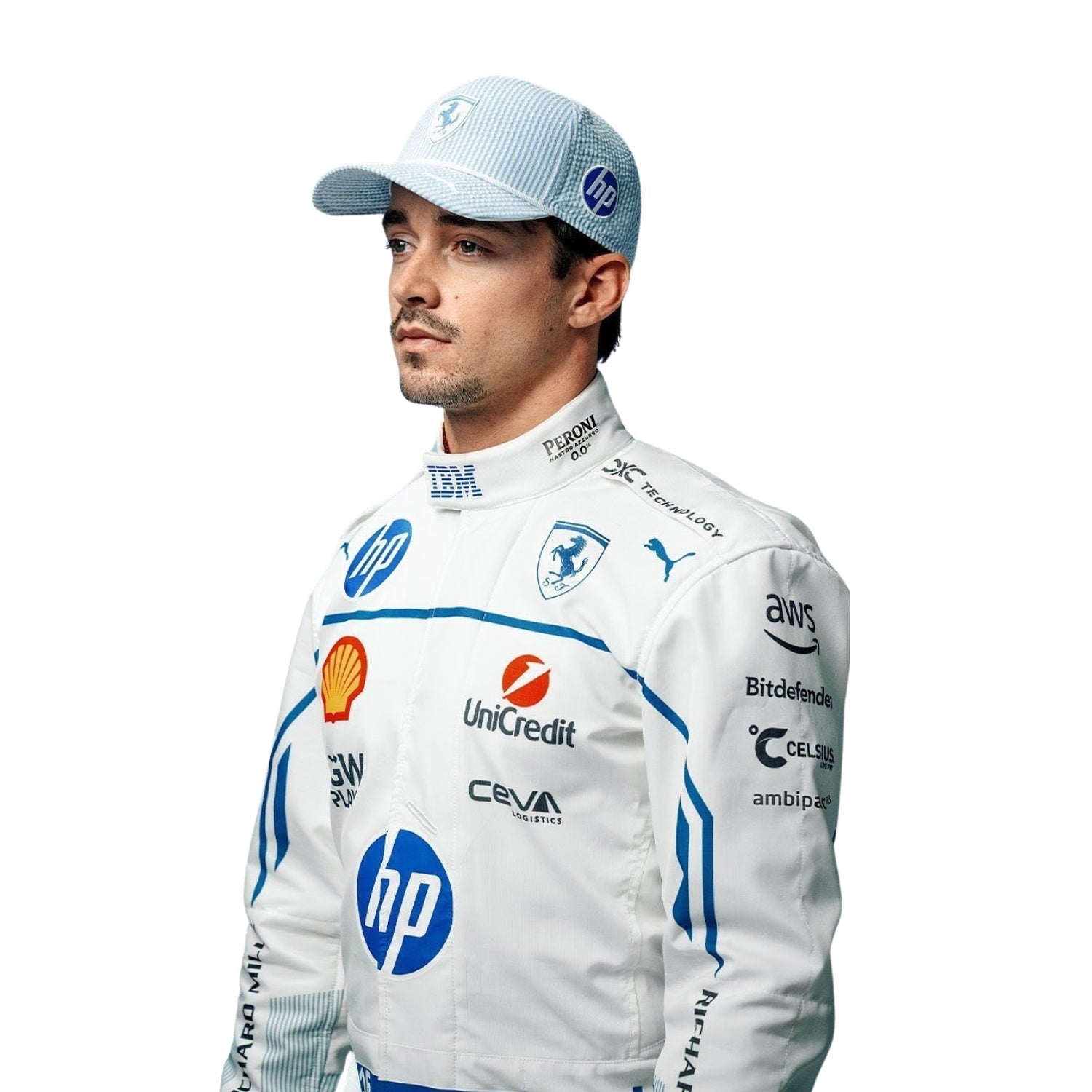 Detailed close-up of the Monaco GP 2025 racing suit showing Charles Leclerc's name, precision-stitched logos, and white and blue detail design.