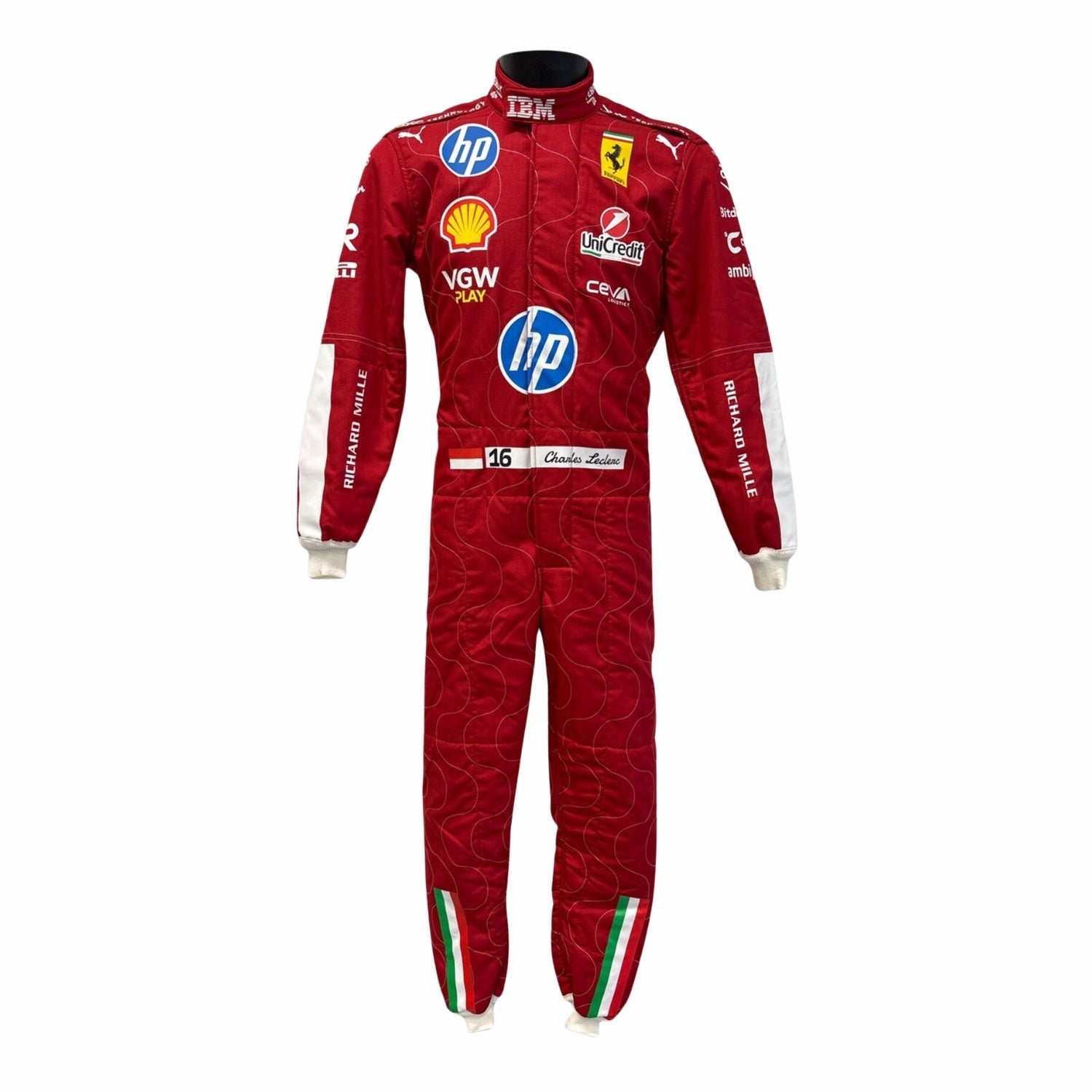 Charles Leclerc's Ferrari red 2025 Monza GP F1 racing suit with various brand logos on a white background