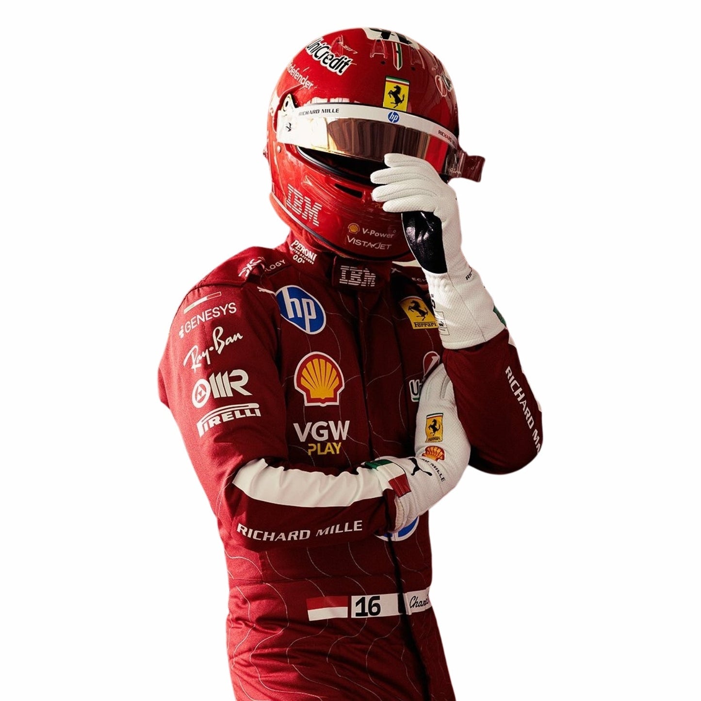 Side View of Charles Leclerc, a Formula 1 driver in a Ferrari red 2025 Monza GP F1 racing suit with various sponsor logos on a white background