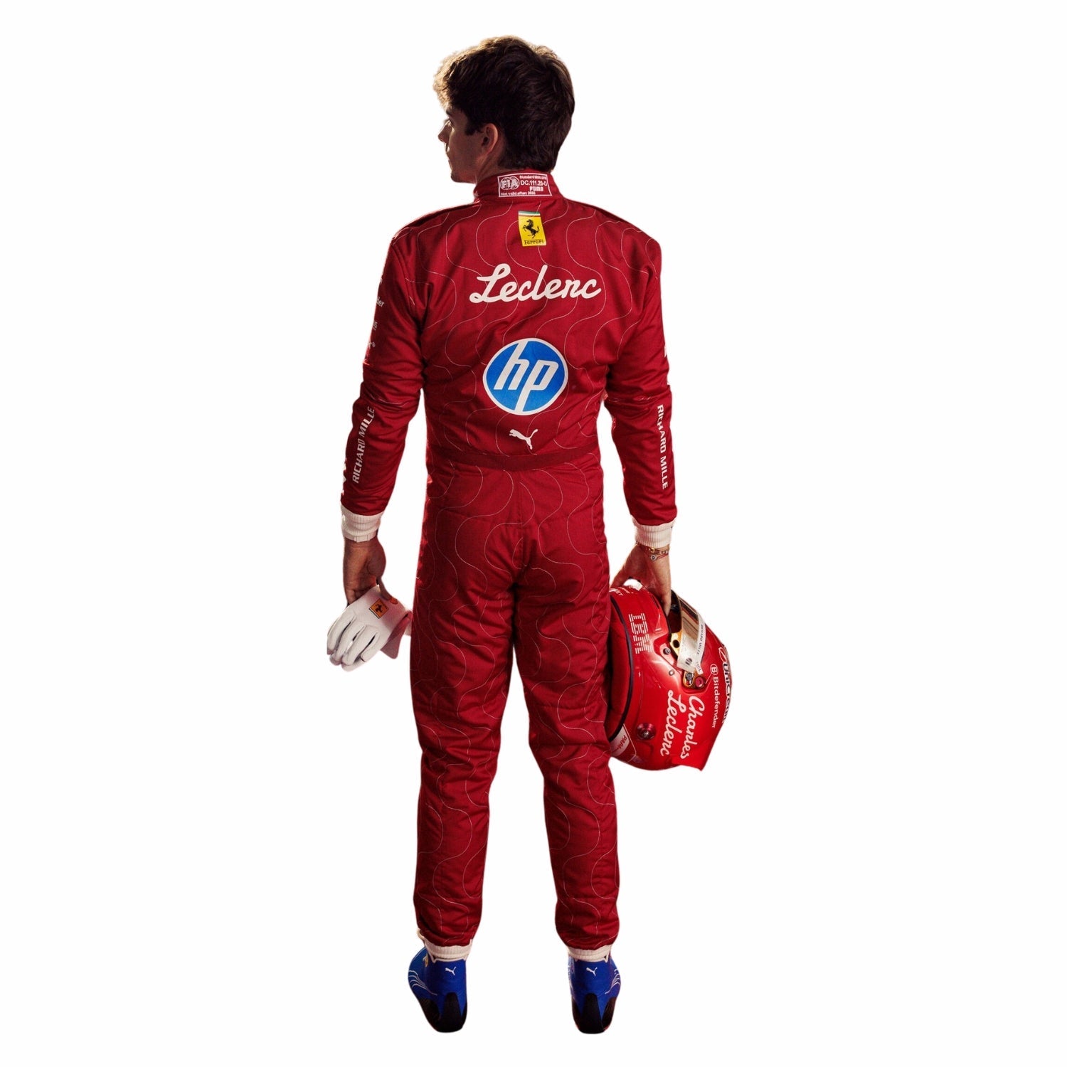 Back view of Charles Leclerc  wearing a Ferrari red 2025 Monza GP F1 racing suit with various logos on a white background 