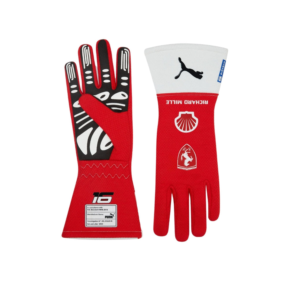 Red Charles Leclerc F1 racing gloves with sponsor logos on a white background