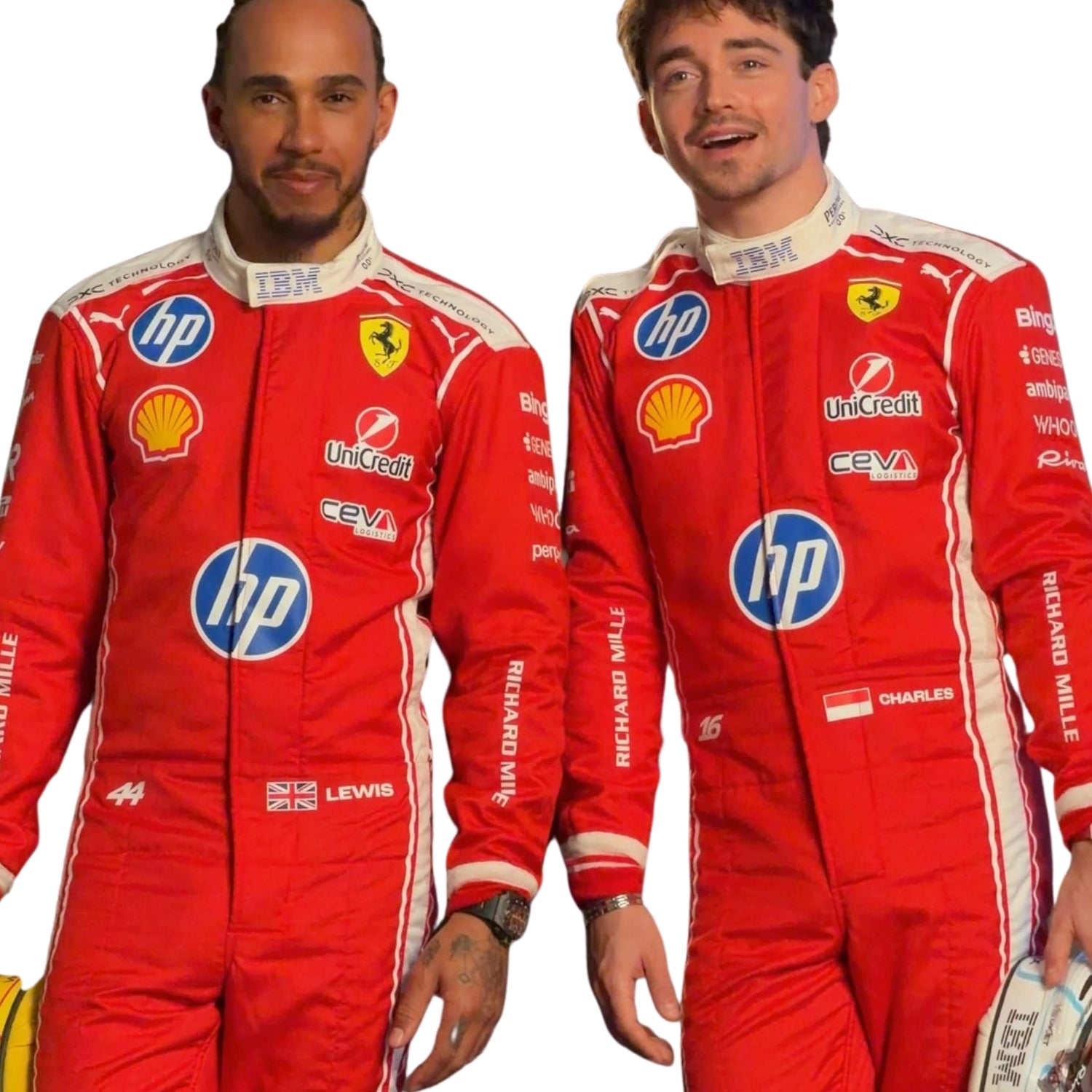 Charles And Lewis wearing red racing suits with various sponsor logos on a white background