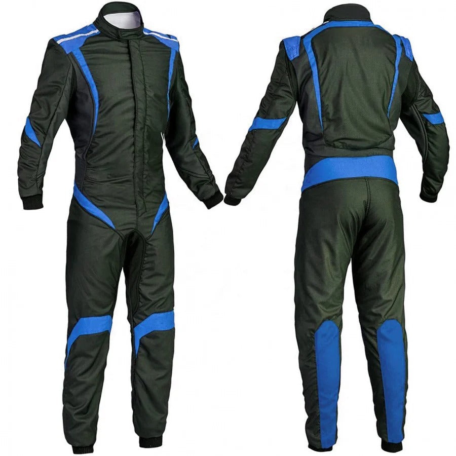 A custom black and blue go kart racing outfit, with the front and back views shown, featuring a full zip and elasticated cuffs.