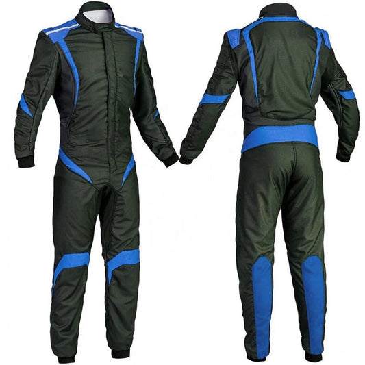 A custom black and blue go kart racing outfit, with the front and back views shown, featuring a full zip and elasticated cuffs.