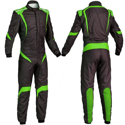 A custom black go-kart racing outfit with green accents, featuring a full zip and elasticated cuffs, displayed front and back.