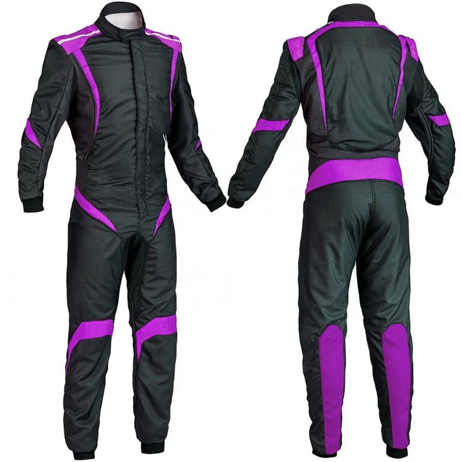 A custom black and purple go kart racing outfit, with the front and back views shown, featuring a full zip and elasticated cuffs.