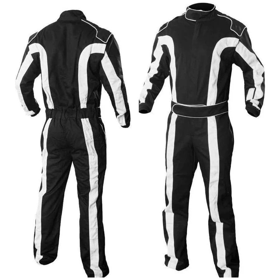 A custom go-kart racing suit laid out flat, featuring a black and white color scheme with a fine collar and Velcro fastening.