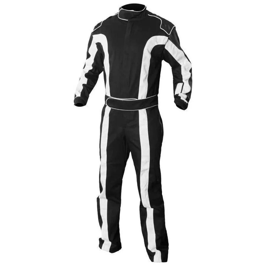 Custom go-kart racing suit front view featuring classic black design with durable zip closure and tailored fit.