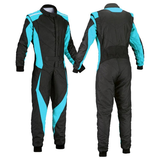 A custom go-kart racing suit laid out flat, featuring a black and blue color combination with a full zip and elasticated cuffs.