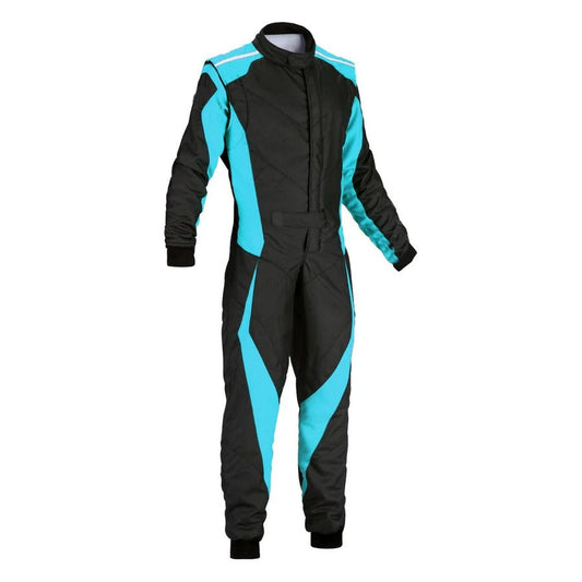 Black and blue go-kart racing suit front view displaying striking blue accents and contoured fit.