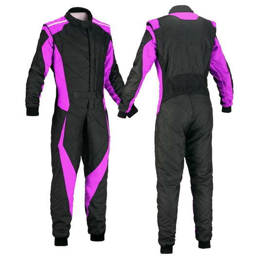 A custom go-kart racing suit featuring black and purple colors, with a full zip and elasticated cuffs, displayed front and back.