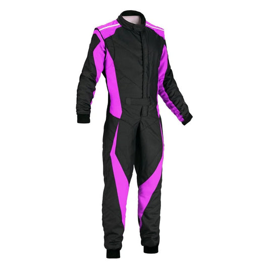 Black and orchid go-kart racing suit front view with bold color contrast and precision seam detailing.
