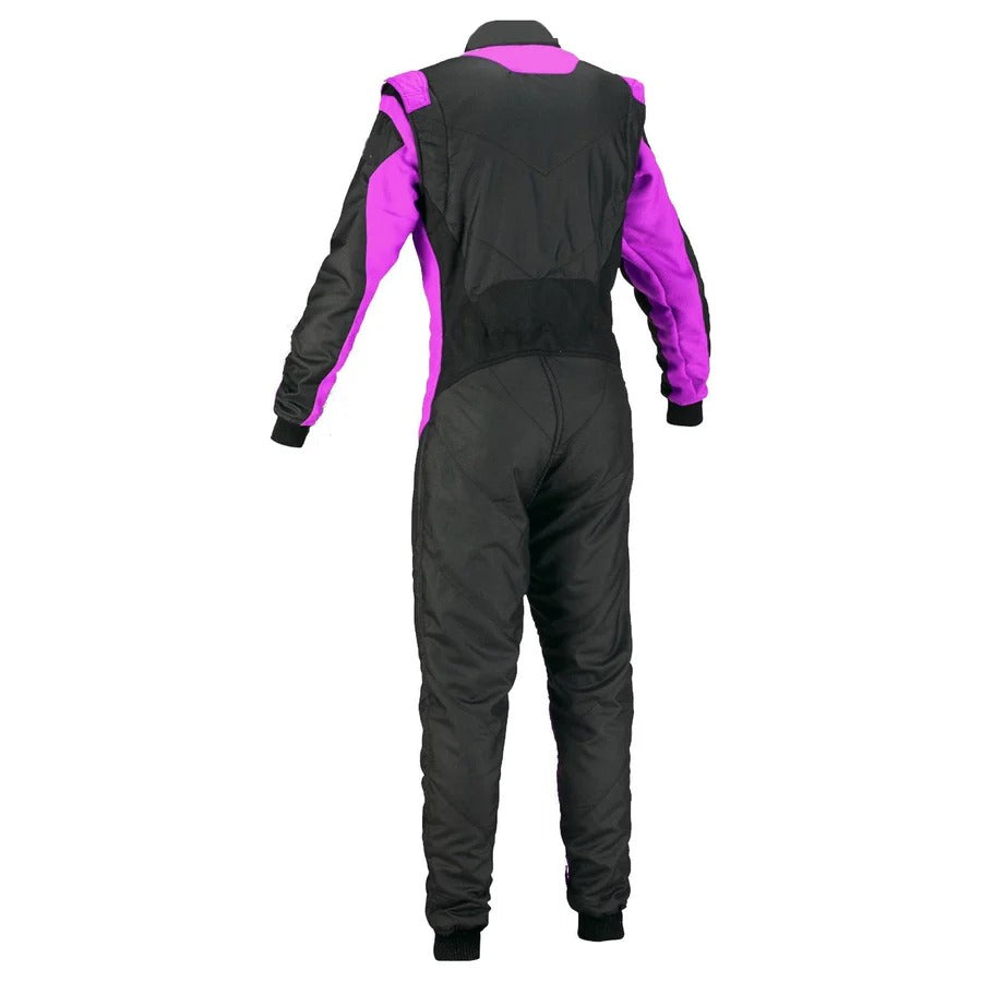 Rear view of black and orchid racing suit featuring reinforced stitching and ergonomic shoulder design.