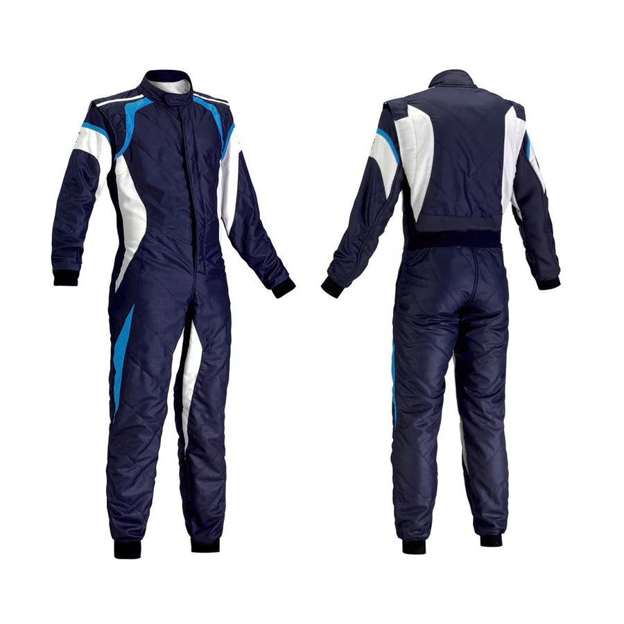A navy, blue, and white go kart racing outfit with a full zip, elasticated cuffs, and a fine collar with Velcro.
