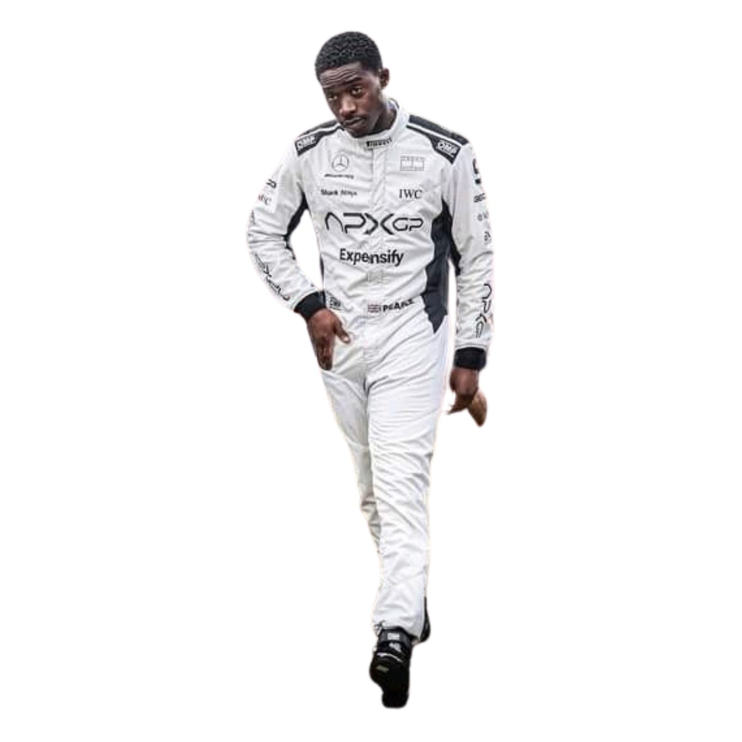 Damson Idris 2025 F1 movie racing suit front view with authentic motorsport styling