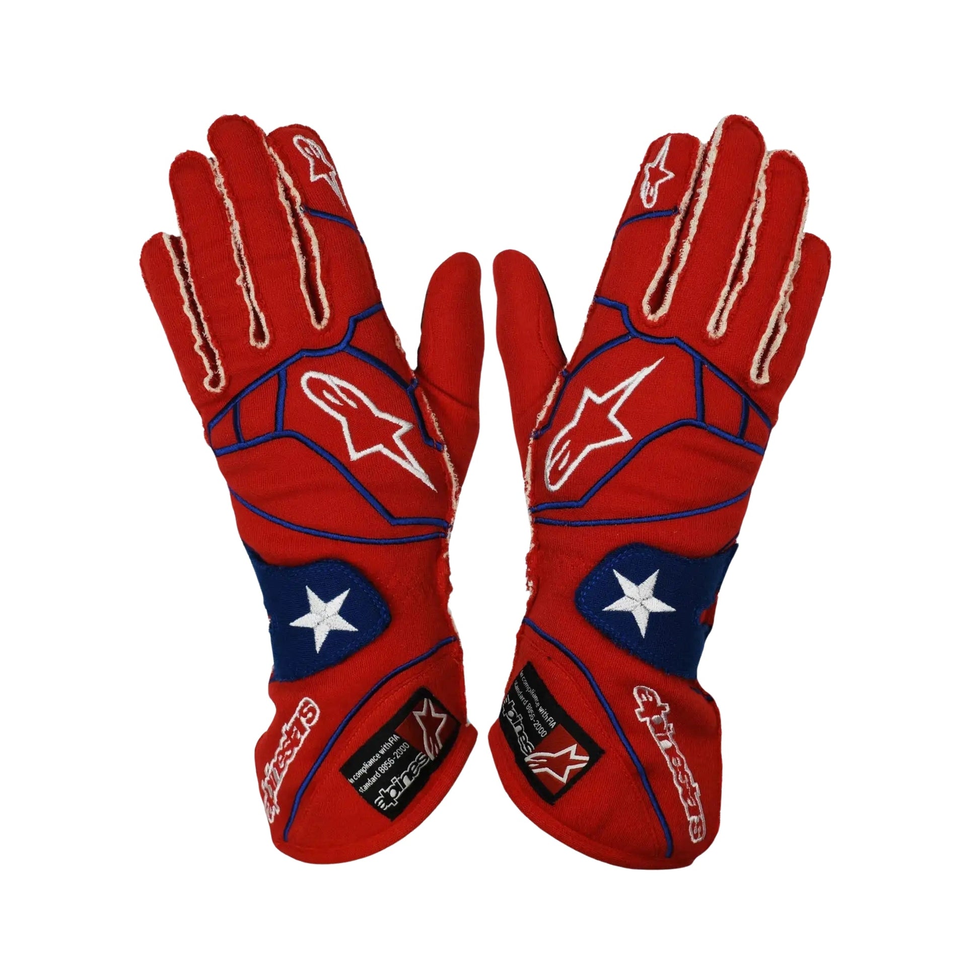 Red Danica Patrick 2008 Indy Car racing gloves with a star and stripe design on a white background
