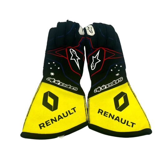 Pair of Lance Stroll 2020 F1 Racing gloves with Renault branding on a white background