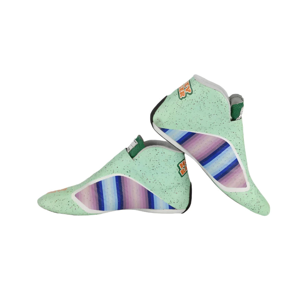 Pair of green Daniel Ricciardo 2021 Honey Badge F1 Racing shoes with colorful sole on a white background