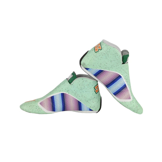 Pair of green Daniel Ricciardo 2021 Honey Badge F1 Racing shoes with colorful sole on a white background