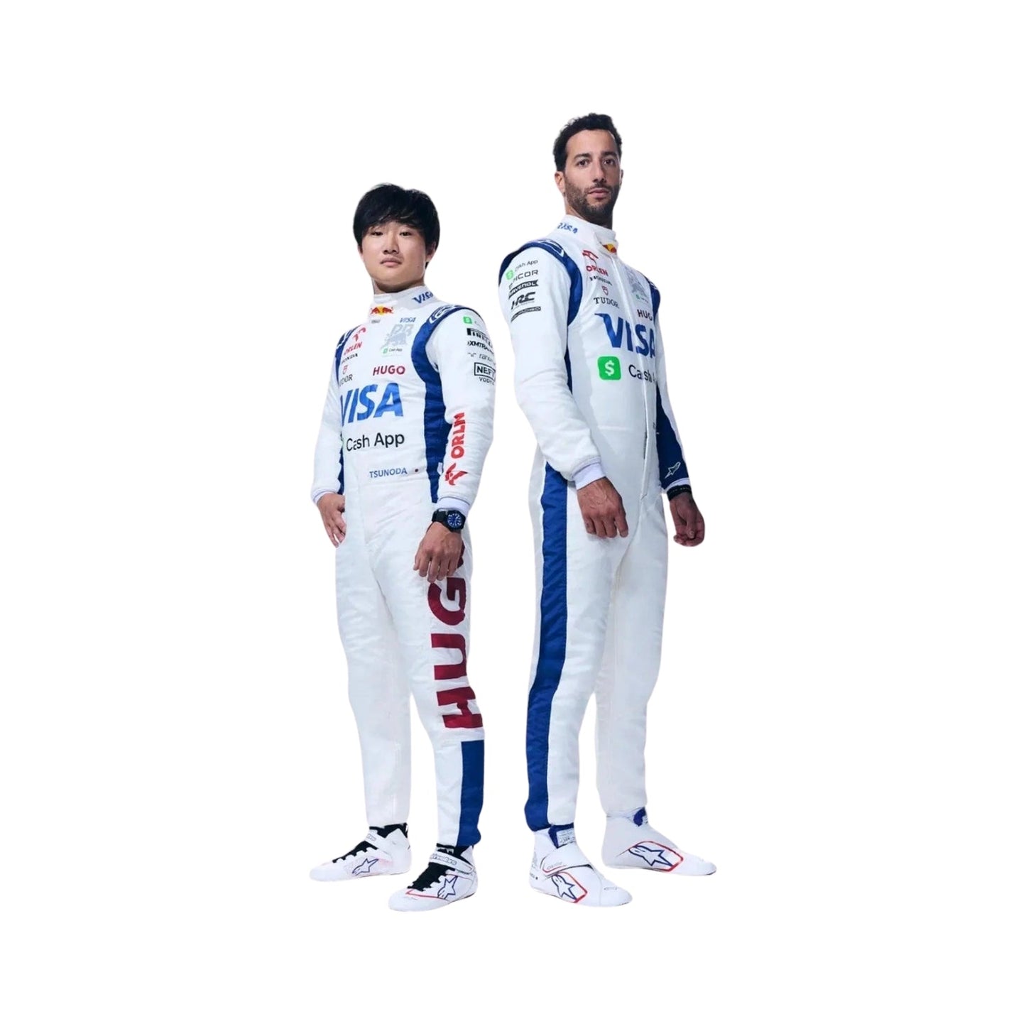 Front view of Daniel Ricciardo's and Yuki Tusonda 2024 Las Vegas GP F1 racing suit in white with blue accents, showcasing a modern design with sponsor logos.