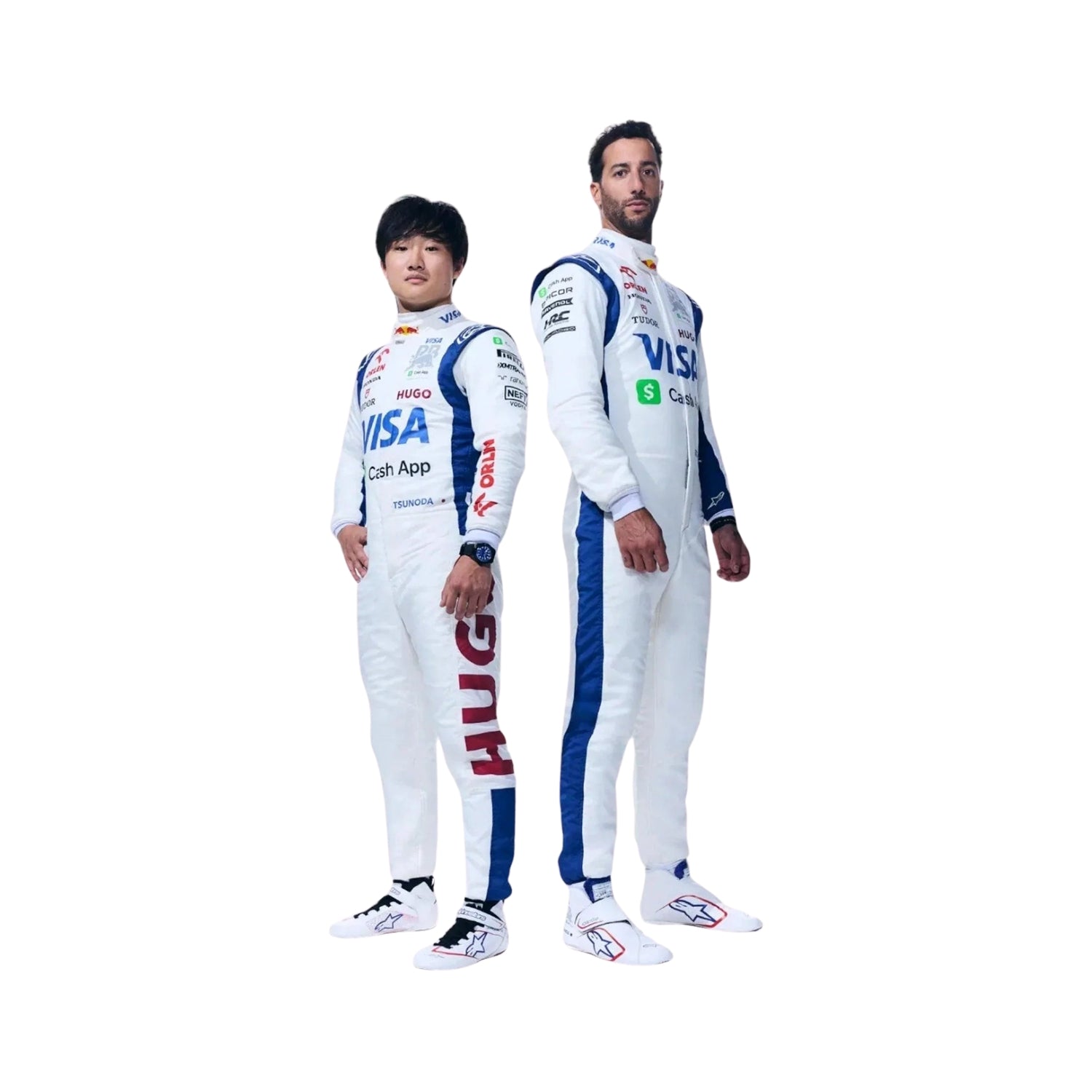 Front view of Daniel Ricciardo's and Yuki Tusonda 2024 Las Vegas GP F1 racing suit in white with blue accents, showcasing a modern design with sponsor logos.