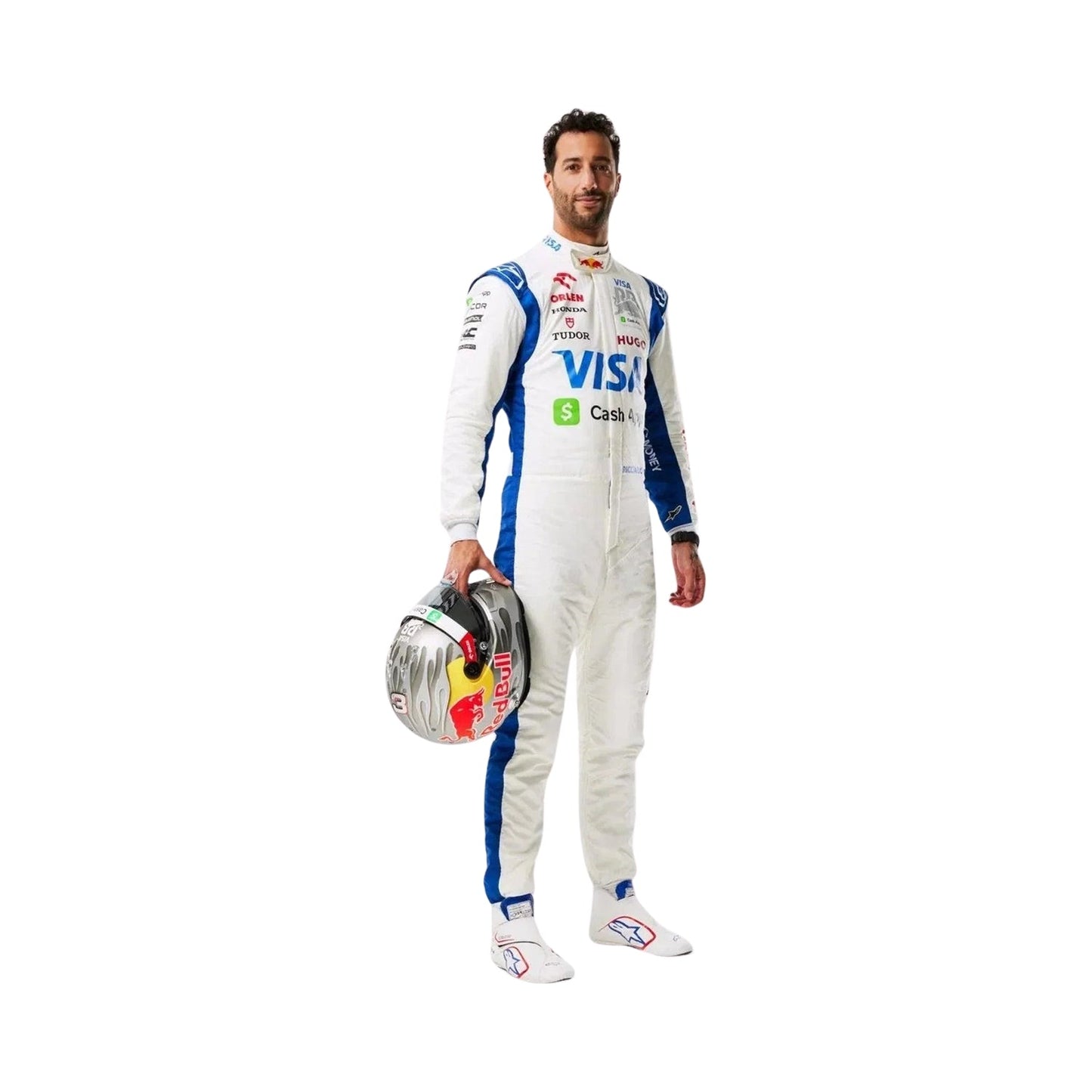 Front view of Daniel Ricciardo's 2024 Las Vegas GP F1 racing suit in white with blue accents, showcasing a modern design with sponsor logos.