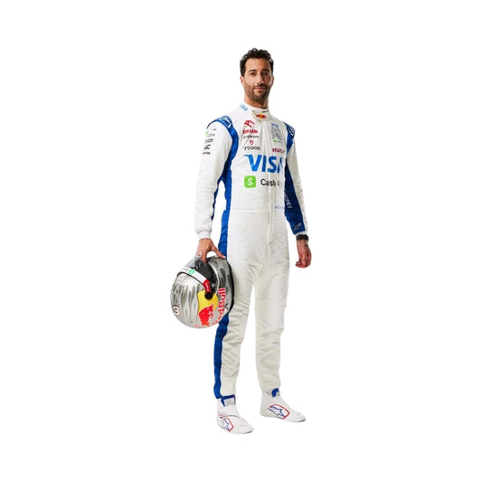 Front view of Daniel Ricciardo's 2024 Las Vegas GP F1 racing suit in white with blue accents, showcasing a modern design with sponsor logos.