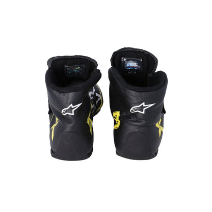 Black protective Daniel Ricciardo 2019 Race Worn F1 racing boots with brand logo on a white background