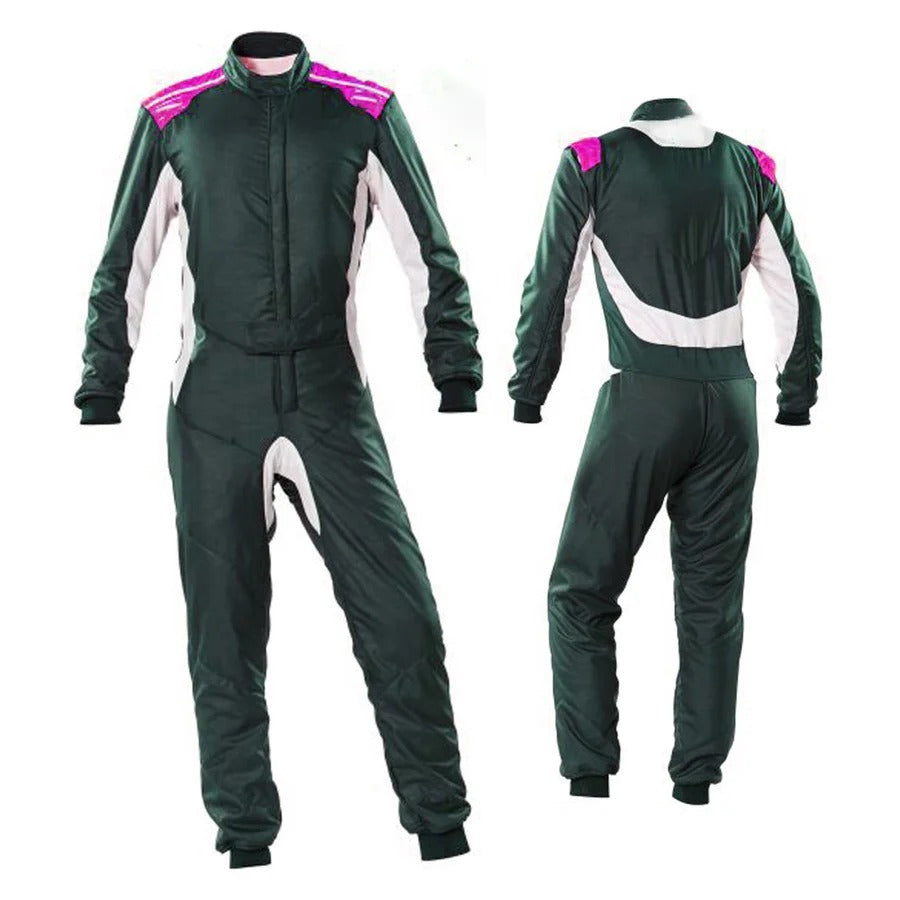 A black go-kart racing suit for men with white and pink accents, featuring a full zip and elasticated cuffs, designed to meet FIA standards.