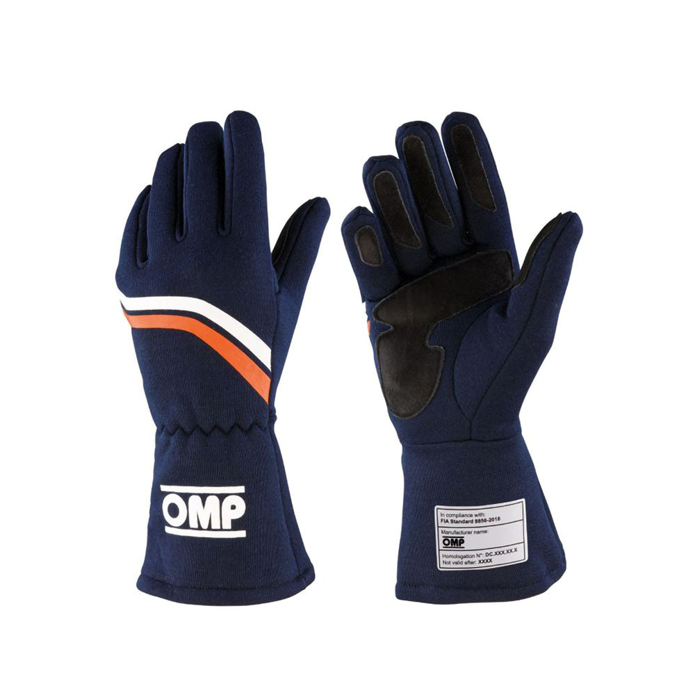 Pair of navy blue Dijon racing gloves with OMP logo on a white background