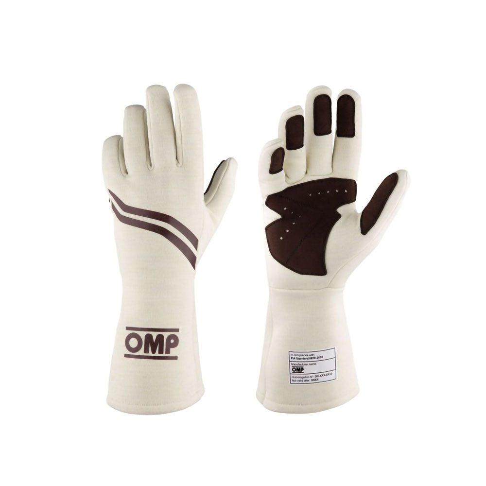 Pair of white Dijon racing gloves with brown accents on a white background, featuring the OMP logo.