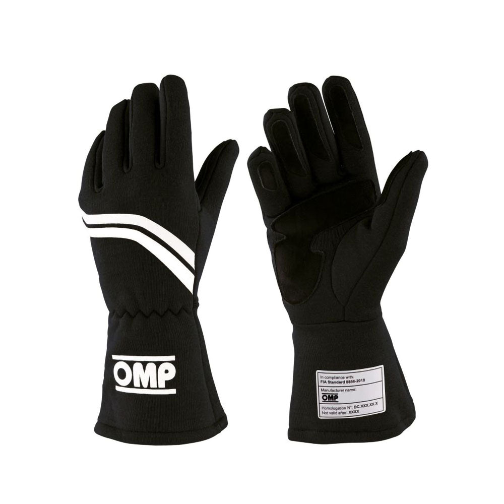 Pair of black Dijon racing gloves with white stripes and OMP logo on a white background