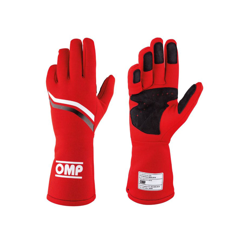 Red Dijon racing gloves with black accents and OMP logo on a white background