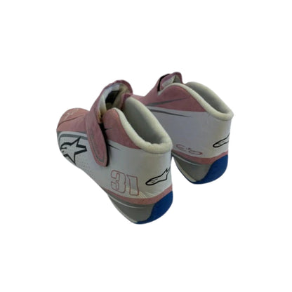 Pair of pink and white Esteban Ocon 2018 F1 Racing shoes with number 31 on a white background