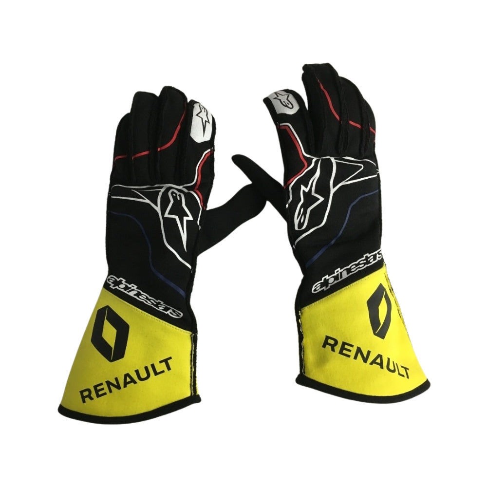 Pair of Esteban Ocon 2020 F1 black and yellow gloves with Renault branding on a white background